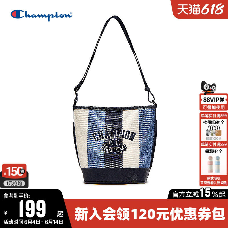 Champion冠军单肩背包水桶包男女情侣帆布包通勤时尚潮流休闲挎包