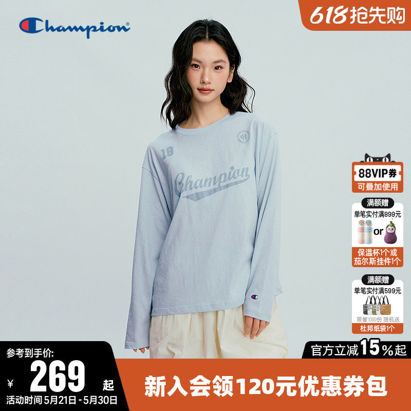 Champion冠军T恤女26春季新款印花草写logo休闲宽松长袖圆领上衣