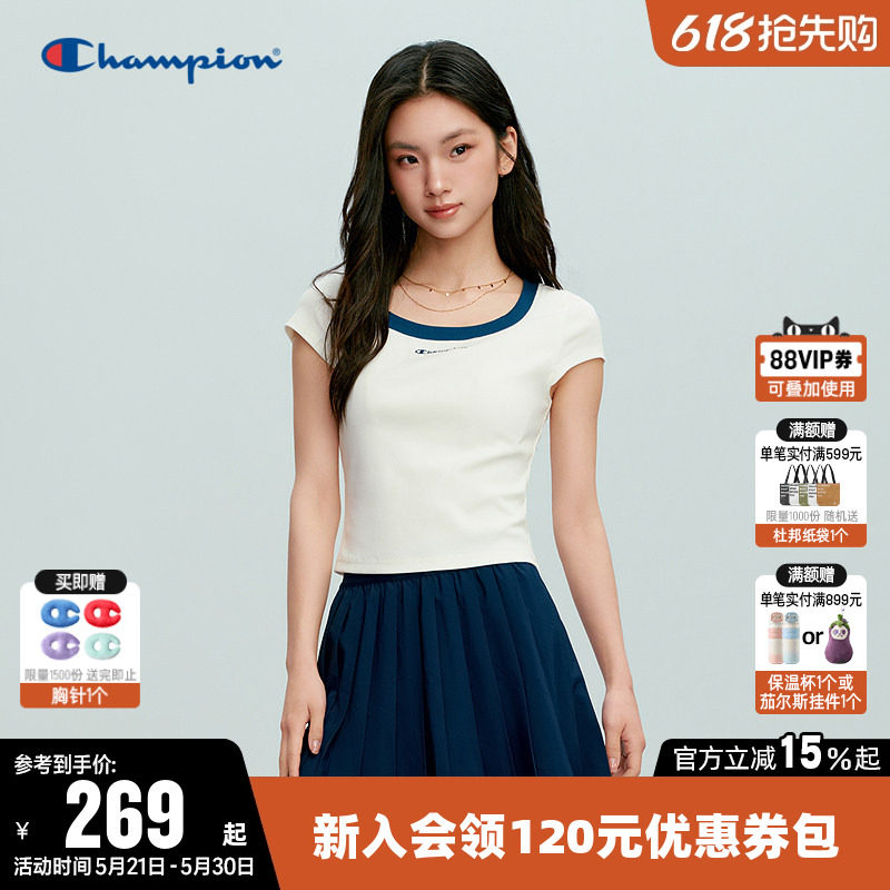 Champion冠军短款T恤女2026夏季新款休闲运动风方领修身短袖上衣