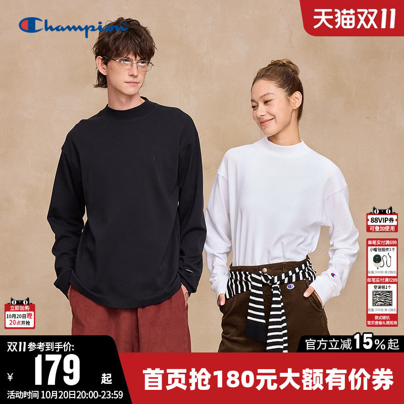 Champion冠军T恤女秋季情侣纯棉打底衫纯色休闲长袖圆领上衣男潮
