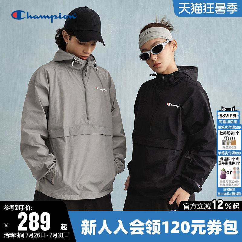 Champion冠军夹克女春季情侣连帽半拉链复古休闲运动套头外套男潮