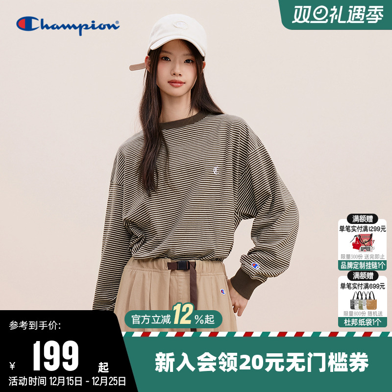 Champion冠军长袖T恤男25秋季新款条纹圆领纯棉运动打底衫上衣女