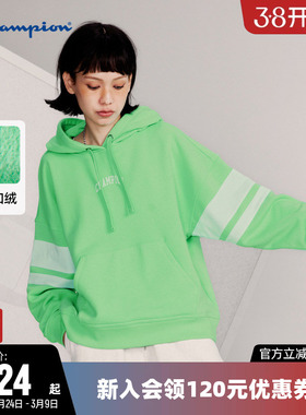 Champion冠军卫衣女冬季胶印LOGO侧袖拼色连帽加绒休闲运动上衣潮