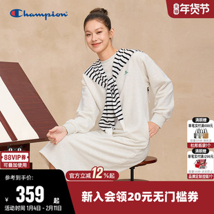 Champion冠军连衣裙女2025秋季新款纯色百搭长裙休闲长袖圆领裙子