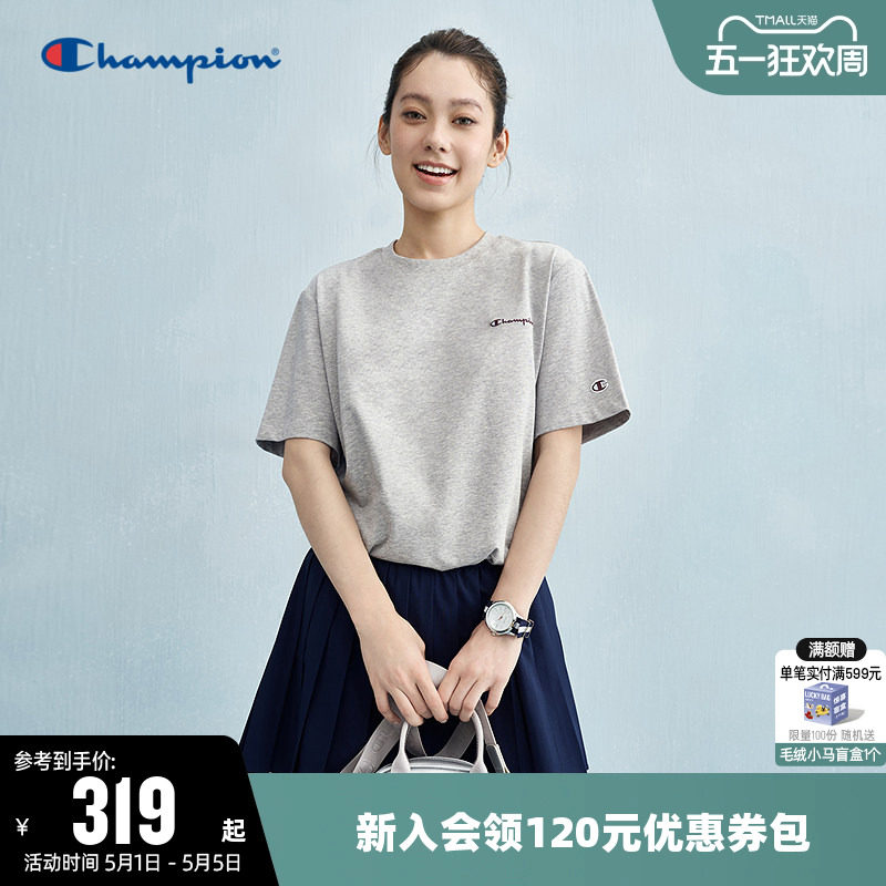 Champion冠军T恤女夏季潮牌纯棉抽绳休闲纯色圆领运动短袖上衣潮