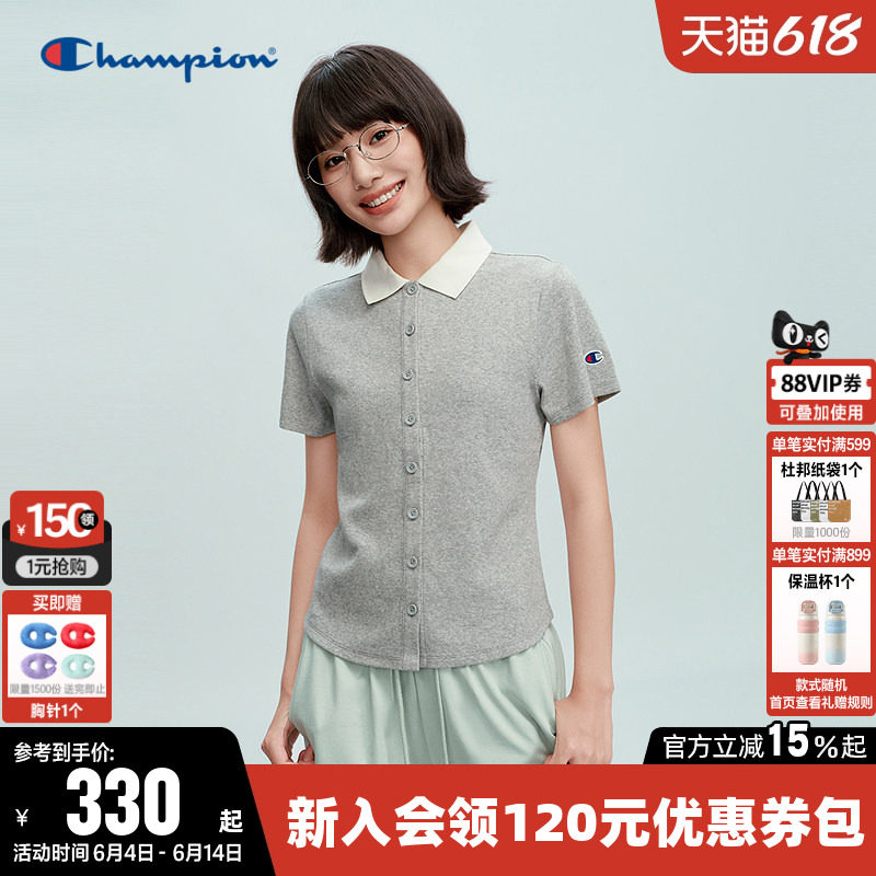 Champion冠军T恤女2026夏季新款撞色休闲修身短袖翻领POLO衫上衣