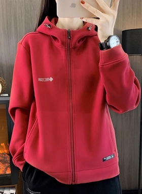 覆古重磅红色连帽抓绒衣女秋冬宽松加厚保暖双面绒摇粒绒卫衣外套
