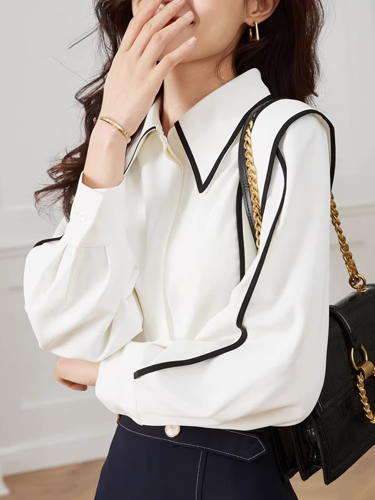 法式复古白色撞色长袖衬衫女士春秋季休闲宽松垂感气质职业装衬衣