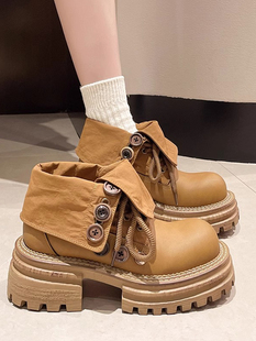 平台厚底工作靴纽扣摩托 妇女夏季 英国风格 覆古翻领双穿大黄靴子