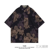 MAMMJUDX日系古着青少年花卉短袖 衬衫 男女港风痞帅宽松夏威夷花衬