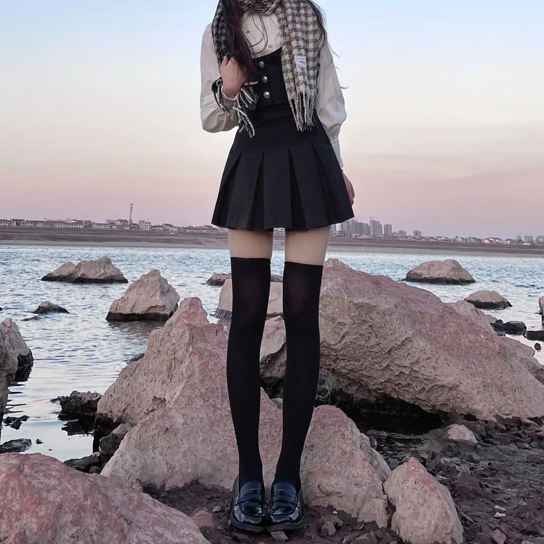 日系软妹压力防晒过膝袜女夏季薄款中筒小腿袜JK袜子黑色长筒丝袜