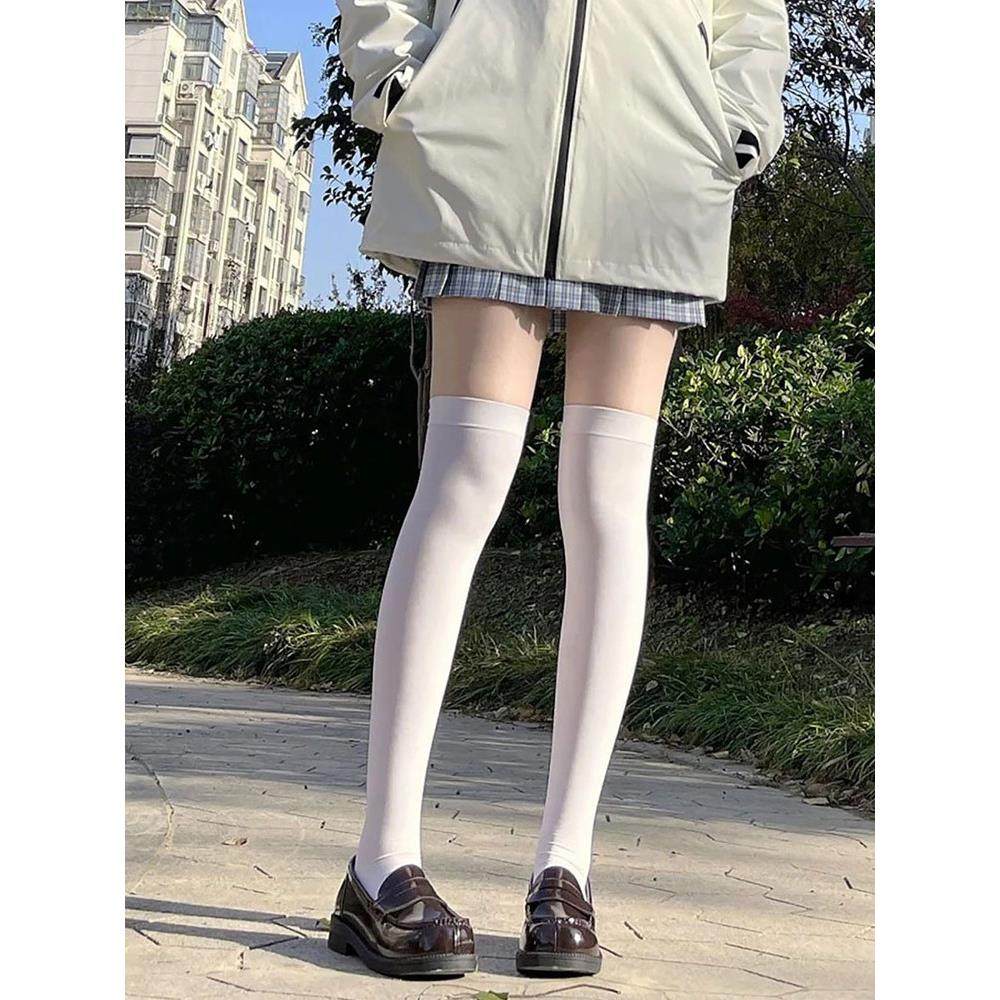 日系白丝过膝袜JK小腿袜天鹅绒压力长筒袜子女漫画腿cos丝袜