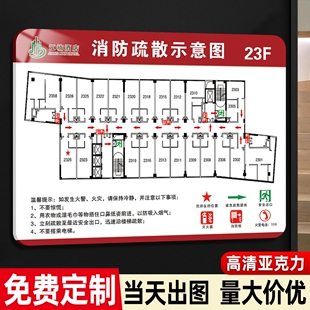 消防疏散示意图设计安全疏散指示图应急逃生平面图亚克力消防安全通道指示牌逃生路线图定制宾馆酒店标志牌贴