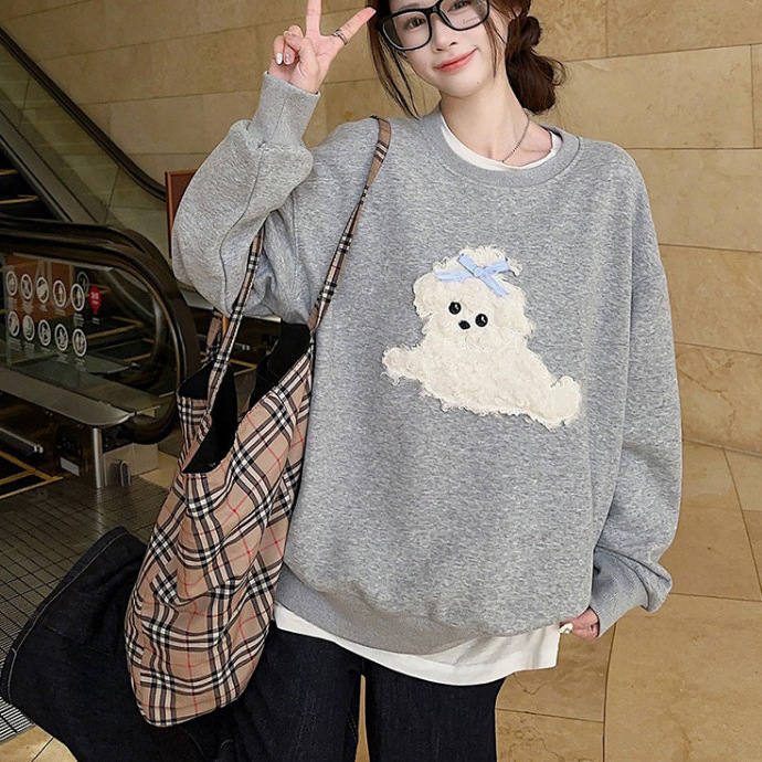 立体毛绒小狗圆领套头卫衣女装秋冬灰色加厚宽松休闲长袖上衣
