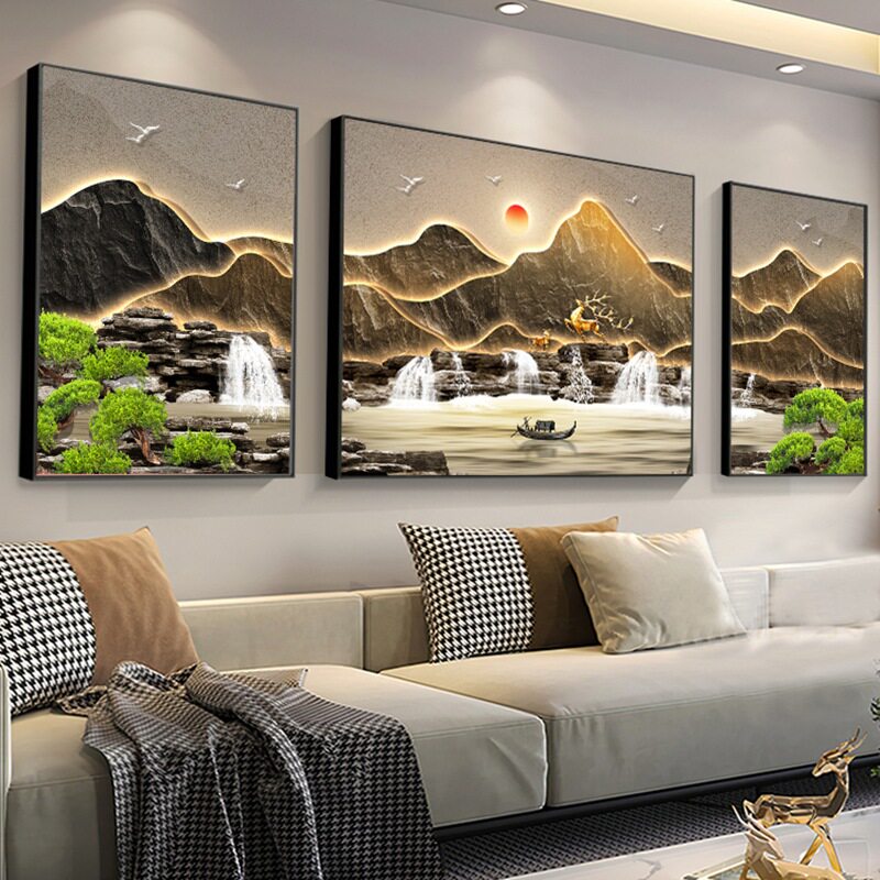 轻奢2026客厅装饰画沙发背景墙挂画三联画山水画大气大白墙壁画