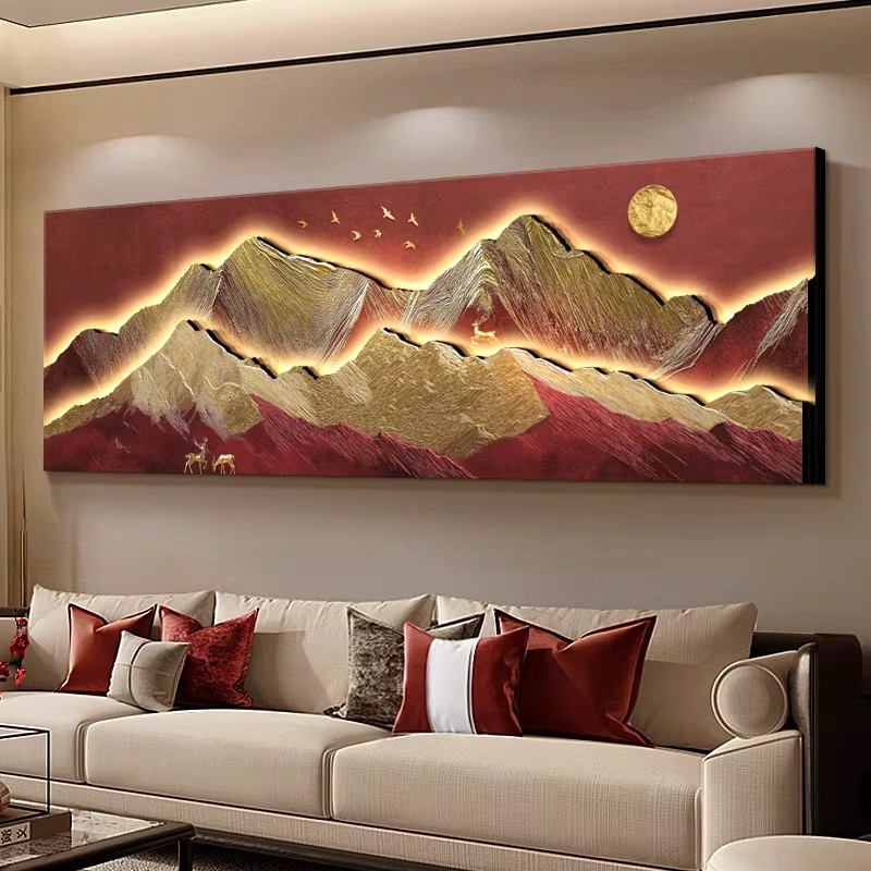 新中式装饰画山水客厅沙发背景墙挂画别墅高级感大气背靠金山挂画