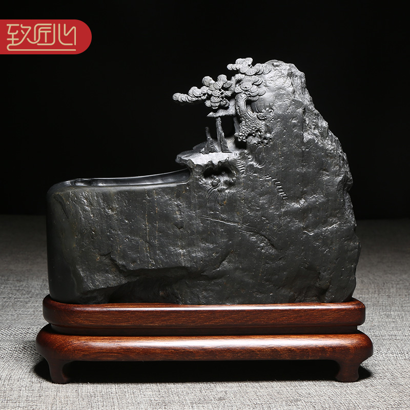 匠心非遗歙砚名师作品《静听松风》歙砚天然原石老坑黑龙尾砚台文房四宝收藏送礼实用手工雕刻四大名砚