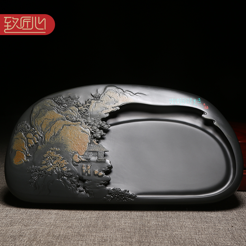 匠心非遗歙砚名师作品/溪山会友/天然原石砚台老坑金晕砚石精手工雕刻成型收藏石头砚台安徽歙砚 高档墨砚