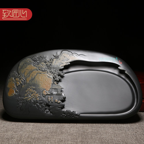 匠心非遗歙砚名师作品/溪山会友/天然原石砚台老坑金晕砚石精手工雕刻成型收藏石头砚台安徽歙砚 高档墨砚