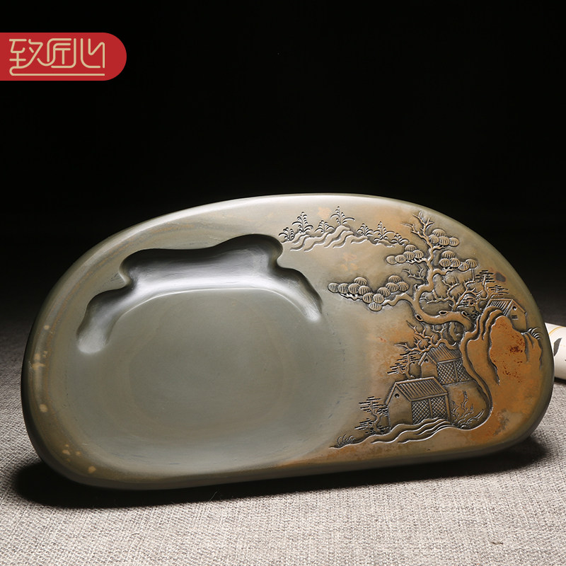 匠心非遗四大名砚之歙砚名师砚台/依山傍水/孤品天然原石金晕籽料文房