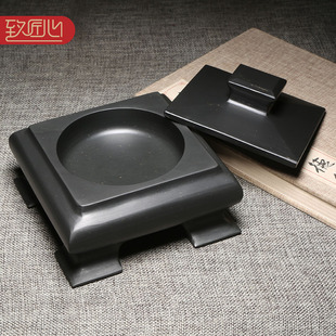 徽州歙砚/天然原石带盖砚台/精选金星手工文房四宝书法国画大容量存储墨汁磨墨多功能实用墨池墨盒四足带盖砚