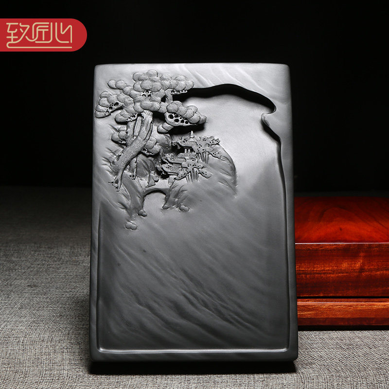 匠心非遗歙砚技艺传人名师作品《溪山胜景》天然原石精手工老坑眉纹歙县高档砚台兼端砚收藏送礼木盒_虎窝淘