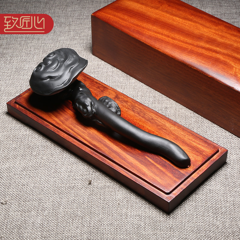 匠心非遗歙砚名师精手工雕刻作品《如意》灵芝笔搁笔架山歙砚原石老坑黑龙尾砚台文房四宝收藏送礼笔山搁笔