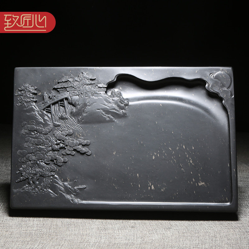 匠心非遗安徽歙砚 精品老坑金星天然原石名师孤品《溪山胜景》文房四宝国画书法收藏送礼端砚书房摆件砚台
