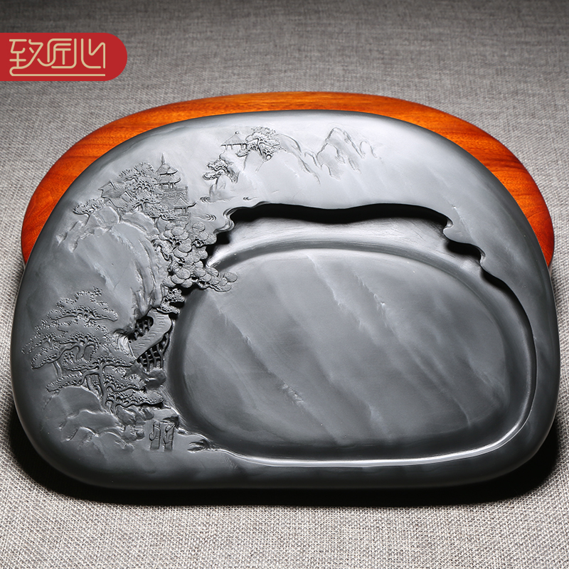 匠心非遗歙砚许亚祥大师作品《溪山胜境》天然原石砚台老坑眉纹砚石精手工雕刻收藏老坑砚台安徽歙砚 高档