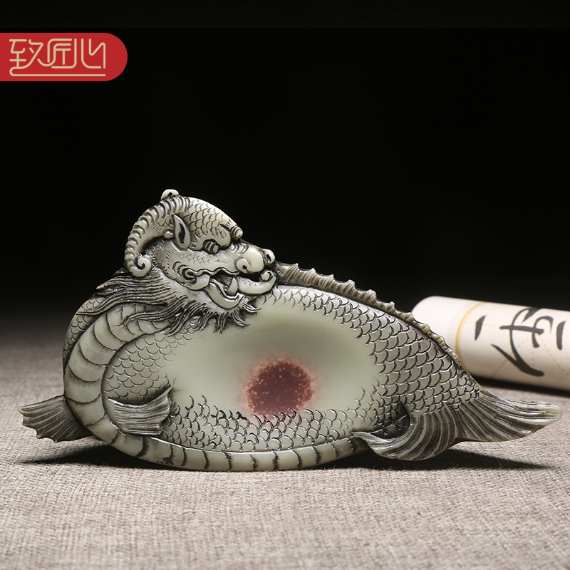 徽州歙砚名师技艺作品《鱼化龙》天然原石紫袍玉带玉石手工砚台紫袍玉黛名砚小楷砚台高档收藏把玩小巧