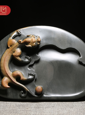 匠心非遗歙砚名师精手工雕刻作品《螭龙献瑞》金晕籽料老坑原石天然砚台收藏大气高档摆件送礼礼盒