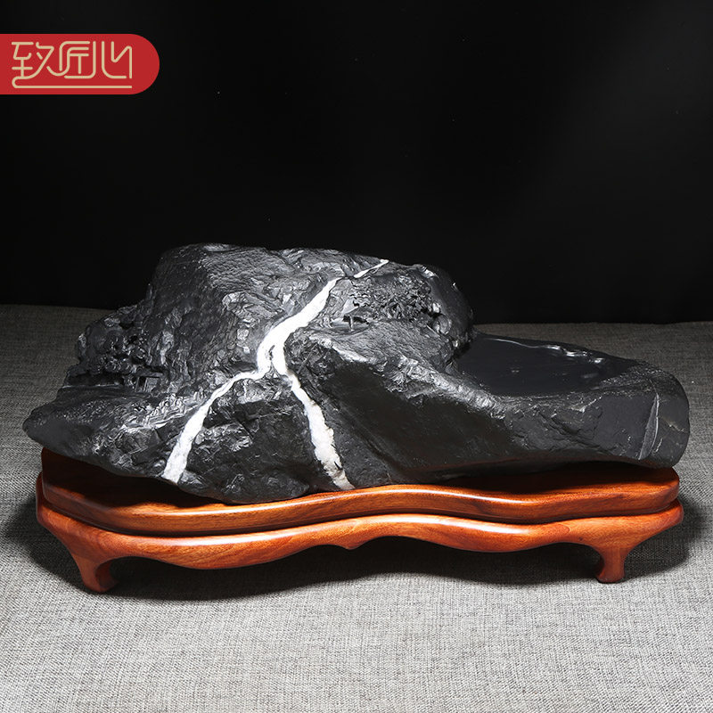 匠心设计意境天成歙砚名师创意作品《观瀑图》天然白石英原石俏色巧雕雪景孤品砚台老坑黑龙尾石收藏送礼