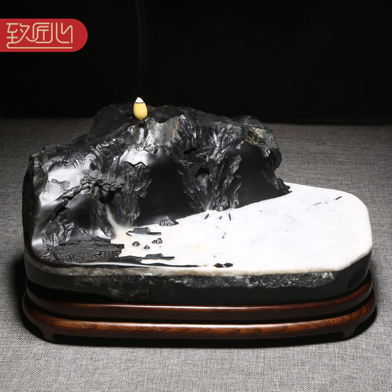 匠心非遗传人名师创意《如诗如画》天然原石白石英老坑黑龙尾歙砚歙县高档砚台巧雕山水兼端砚收藏送礼大气