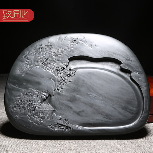 匠心非遗歙砚许亚祥大师作品《紫气东来》天然原石砚台老坑眉纹砚石精手工雕刻收藏老坑砚台安徽歙砚 高档