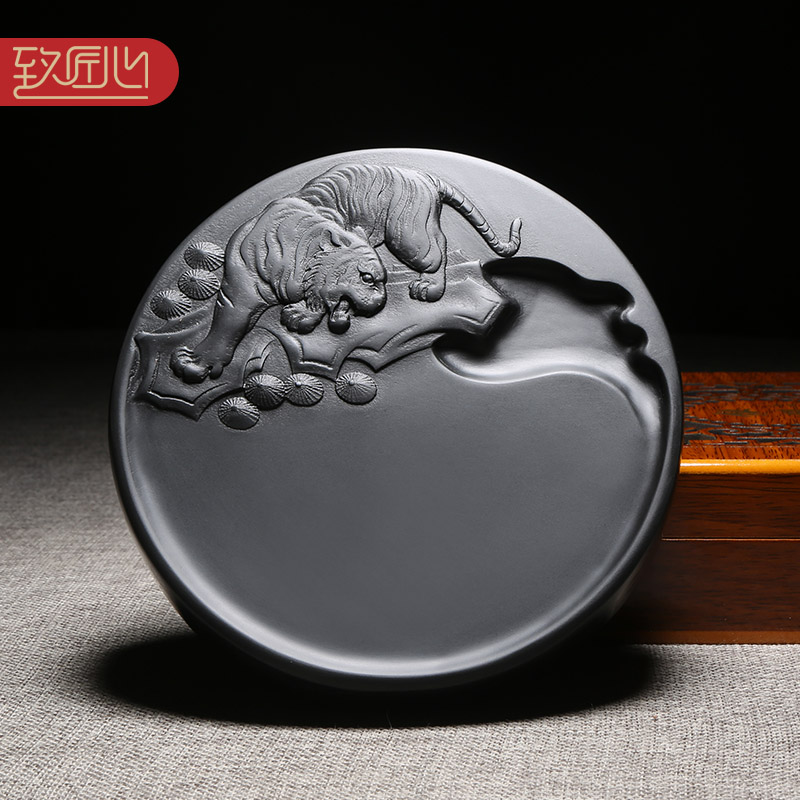 匠心非遗 安徽砚台《福虎献瑞》名师设计储墨研墨天然原石磨墨条墨块砚台 文房四宝歙砚黑龙尾实用高档送礼