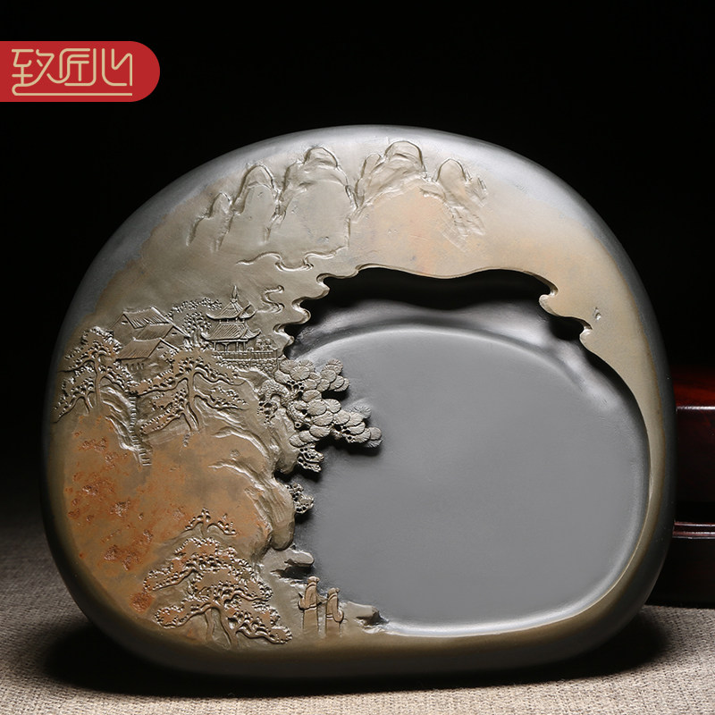 匠心非遗歙砚许亚祥大师作品 紫气东来天然原石砚台老坑金晕砚石精手工雕刻成型收藏石头砚台安徽歙砚 高档
