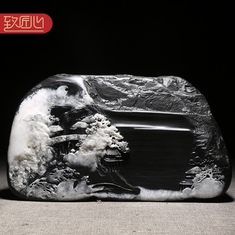 徽州歙砚大师创意作品《独钓寒江雪》天然原石黑龙尾砚台老坑手工雕刻高档办公室摆件收藏送礼佳品四大名砚