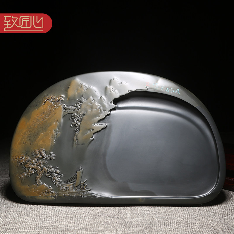 匠心非遗四大名砚之歙砚大师巴永成砚台/峡江烟云/天然原石金晕籽料文房四宝高档老坑手工雕刻收藏送礼