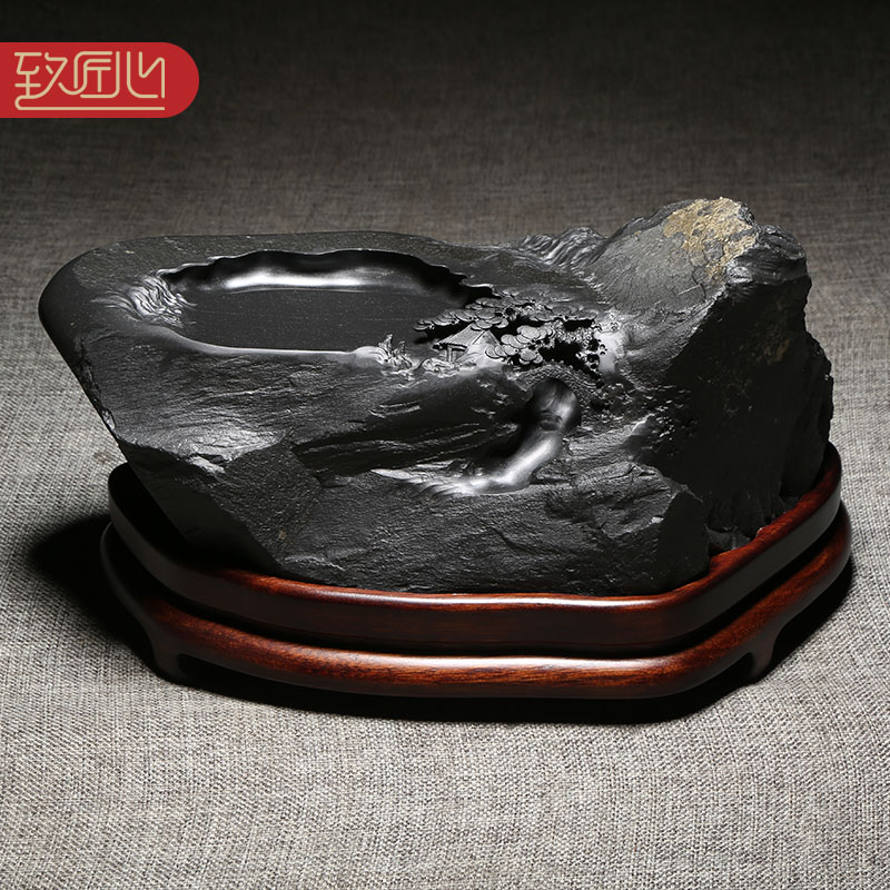 匠心非遗歙砚名师精手工雕刻作品《锦绣山河》老坑原石黑龙尾天然砚台文房收藏大气高档摆件送礼佳品礼盒