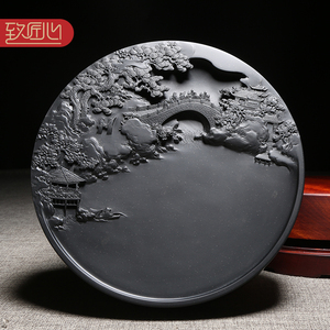 徽州名砚名师许亚祥砚台天然原石歙砚《紫气东来》龙尾山老坑黑龙尾籽料浮雕高档摆件端砚收藏送礼佳品配木盒