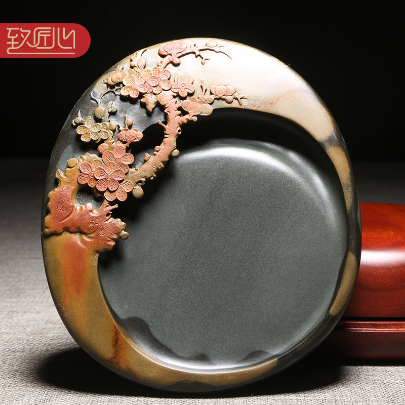 徽州歙砚大师作品《梅开五福》精雕细琢老坑金晕原石手工雕刻高档办公室摆件收藏送礼砚台四大名砚木盒