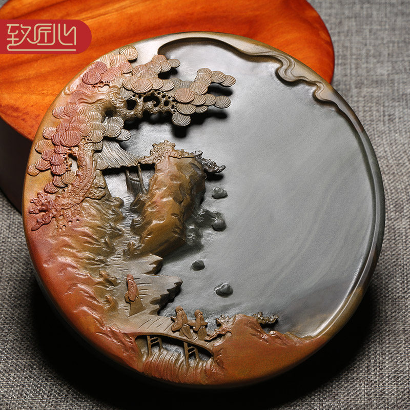 匠心传承匠心非遗名师手工歙砚/溪山行旅/老坑金晕原石籽料传统龙尾砚高档砚台文房四宝精品收藏礼品摆件木盒