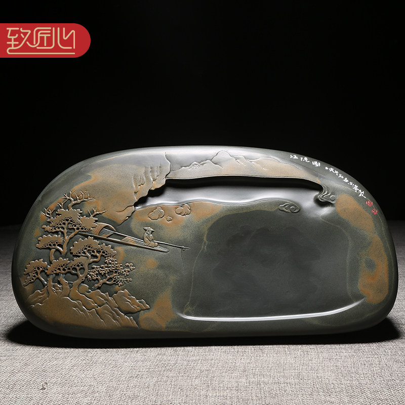 名师名砚/匠心非遗歙砚大师作品/渔隐图/手工立体浮雕老坑金晕籽料砚台文房办公室高档摆件送礼佳品收藏