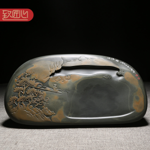 名师名砚/匠心非遗歙砚大师作品/渔隐图/手工立体浮雕老坑金晕籽料砚台文房办公室高档摆件送礼佳品收藏