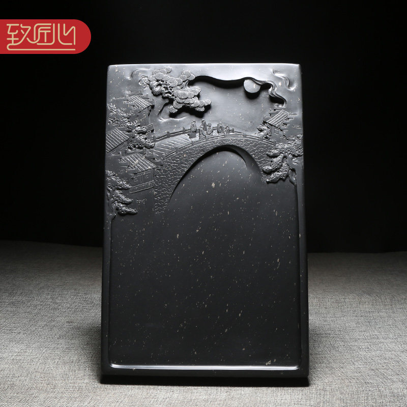 匠心非遗安徽歙砚 精品老坑金星天然原石名师孤品《溪山胜境》文房四宝国画书法收藏送礼端砚书房摆件砚台