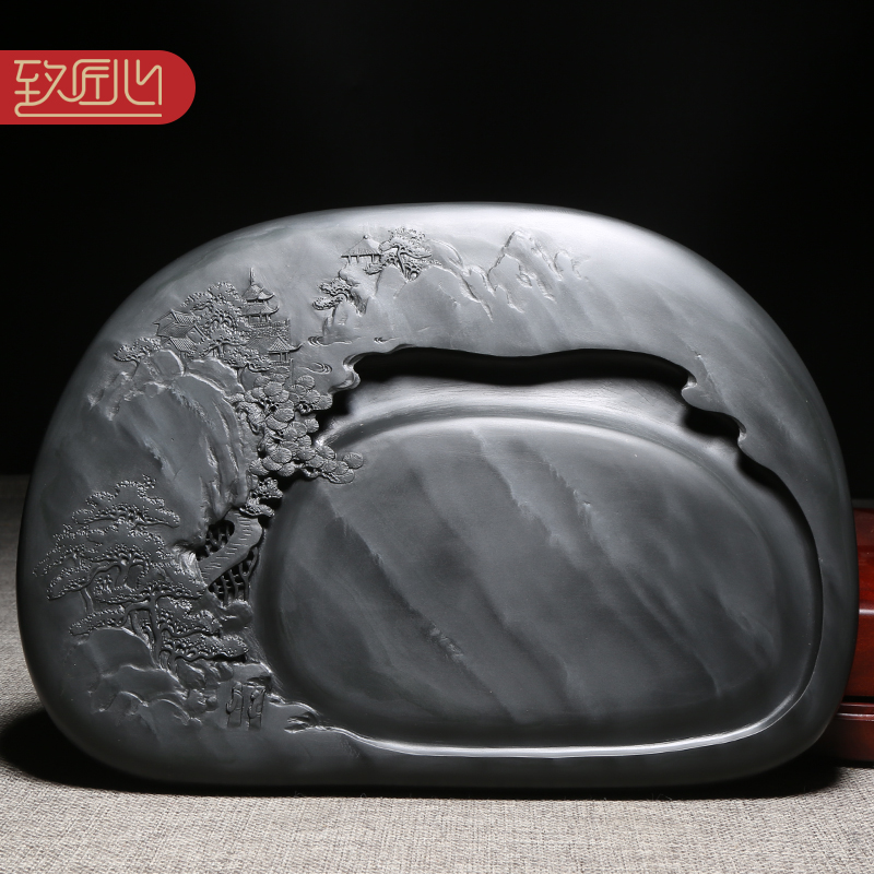 匠心非遗歙砚许亚祥大师作品《溪山胜境》天然原石砚台老坑眉纹砚石精手工雕刻收藏老坑砚台安徽歙砚 高档