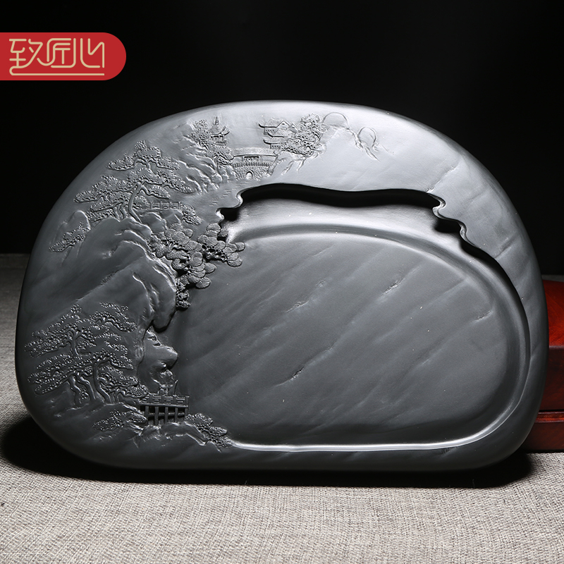 匠心非遗歙砚许亚祥大师作品《湖山胜景》天然原石砚台老坑眉纹砚石精手工雕刻收藏老坑砚台安徽歙砚 高档