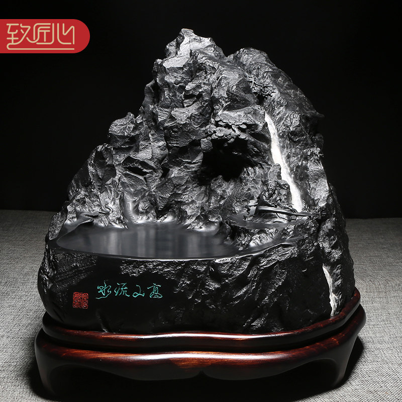 匠心非遗歙砚工艺美术大师作品《高山流水》立体浮雕文房龙尾山籽料巧雕原石白石英收藏送礼大气高档摆件