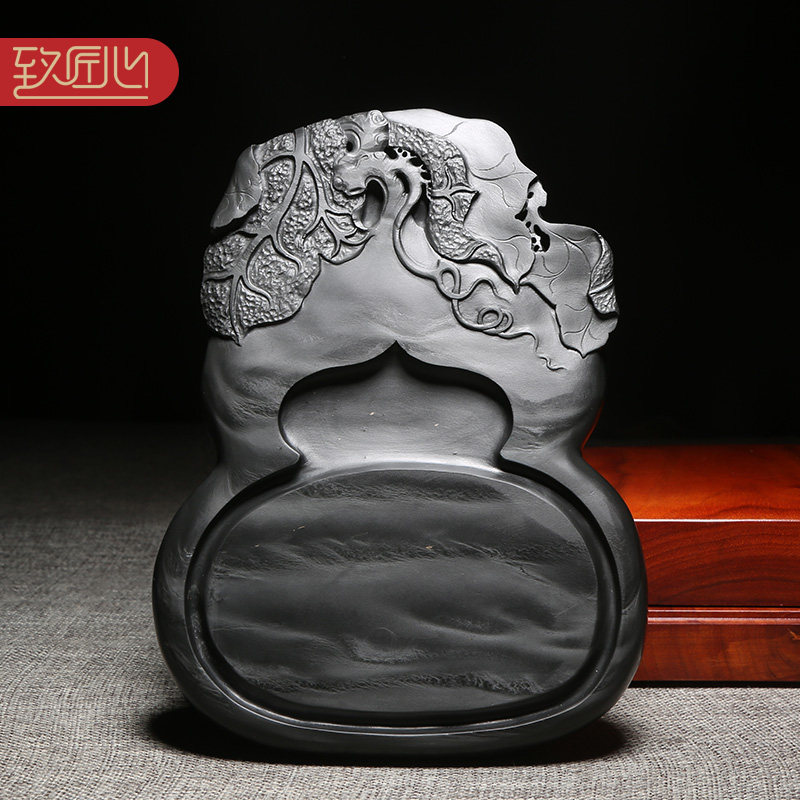 匠心非遗名师砚台《福禄双全》安徽歙砚天然原石文房四宝书法绘画用品高档摆件孤品手工砚台老坑眉纹送礼佳品
