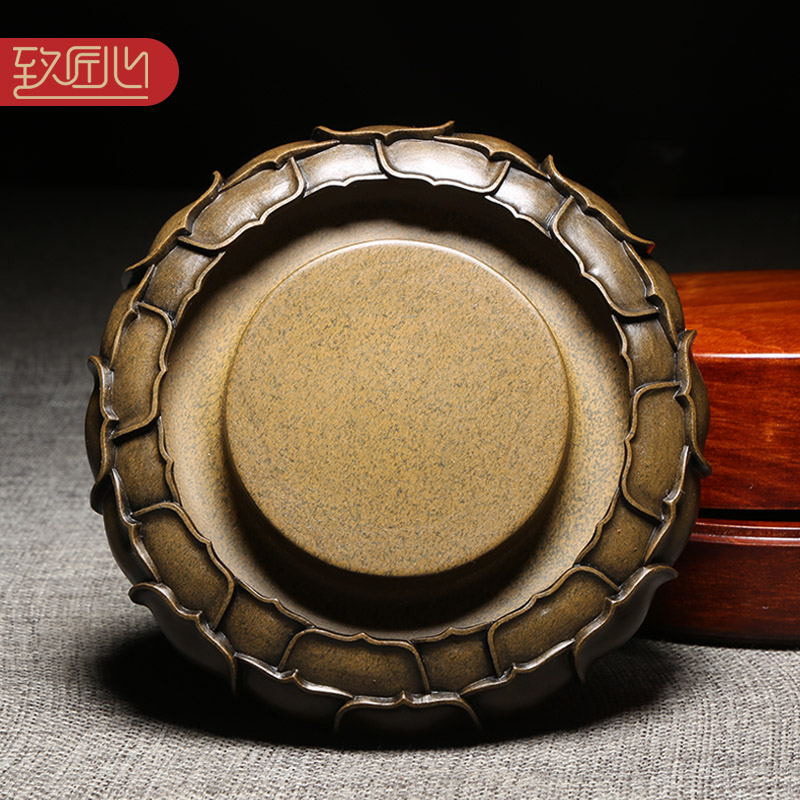 匠心非遗歙砚名师精手工雕刻/莲/天然老坑黄鱼籽原石礼品收藏砚台高档摆件送礼佳品配礼盒莲花砚木盒